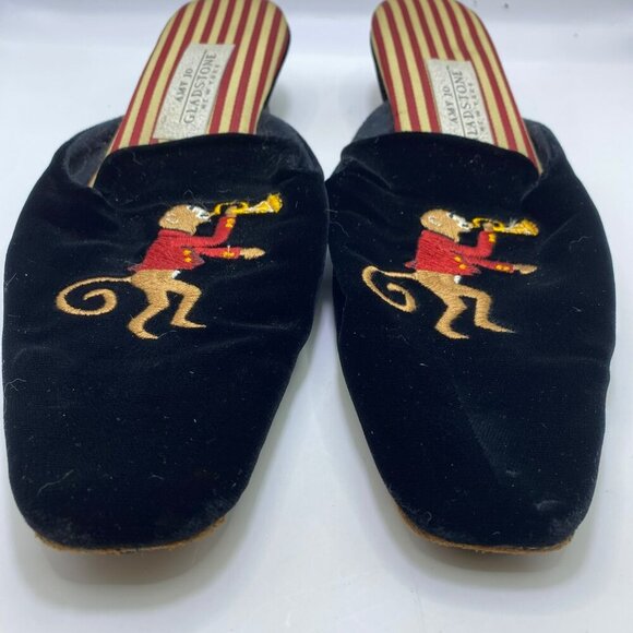 Amy Jo Gladstone Black Velvet Monkey Paying  Trumpet Slip On Mules Size Medium - Picture 2 of 13